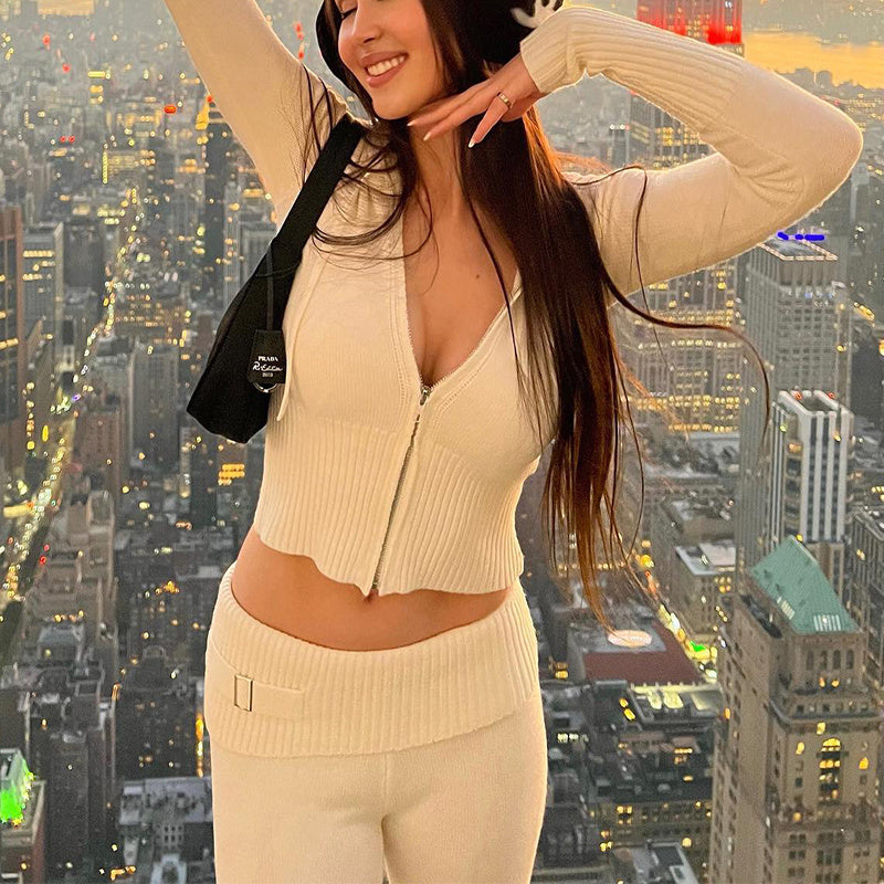 Knitted cropped hoodie set